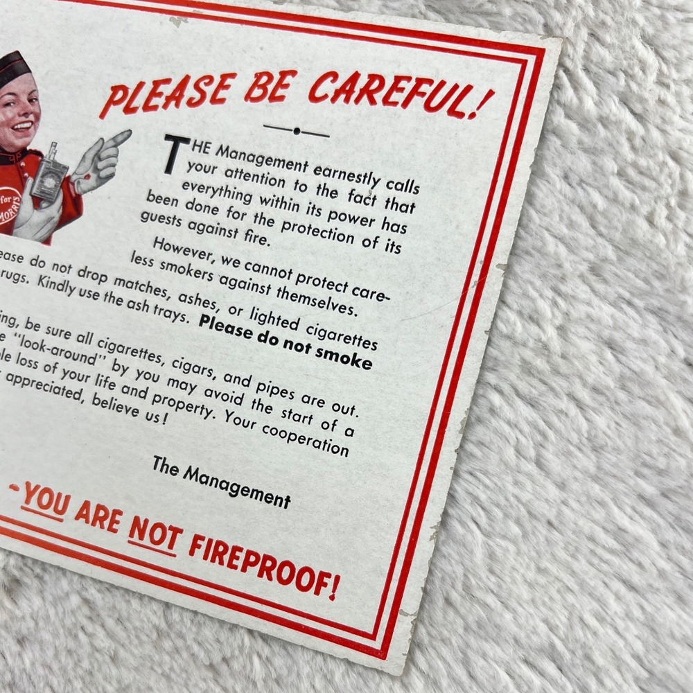 1940s Philip Morris Vintage Advertising 6" Card Hotel Fire Safety Cigarette - Picture 9 of 11